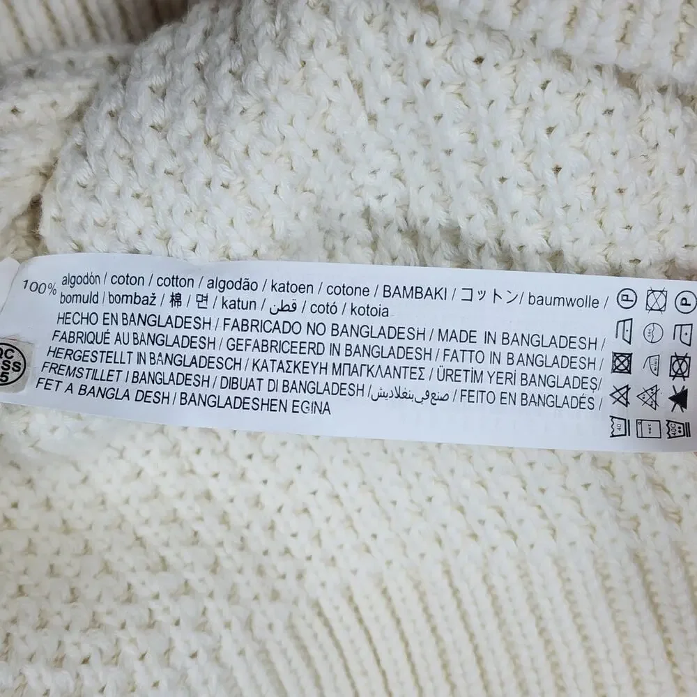 Zara Men's Cream Chunky‎ Knit Sweater Size L Cotton Crewneck Pullover